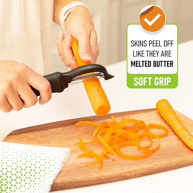 Spring Chef Swivel Vegetable Peeler with Soft Grip Handle, Set of 2, Black | Premium Potato Peeler w/ Ultra Sharp Stainless Steel Blades, Multifunctional Veggie Peeler for Apple, Carrot, Cucumber, Fruit