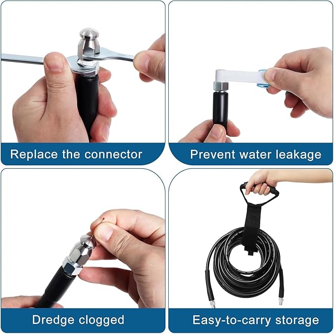 150FT Sewer Jetter Kit for Pressure Washer, 5800PSI Water Jet Durable Drain Cleaner Hose 1/4 Inch NPT Corner with 4 Specialized Nozzles,Waterproof Tape, Pearl Corsage Pin, Handle Strap & 2 Spanners