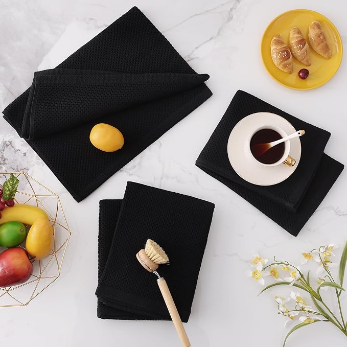 Homaxy 100% Cotton Oversized Waffle Weave Kitchen Towels 4-Pack, Black | 20 x 28 Inches, Ultra Soft Absorbent Dish Towels, Quick Drying Large Cleaning Towels