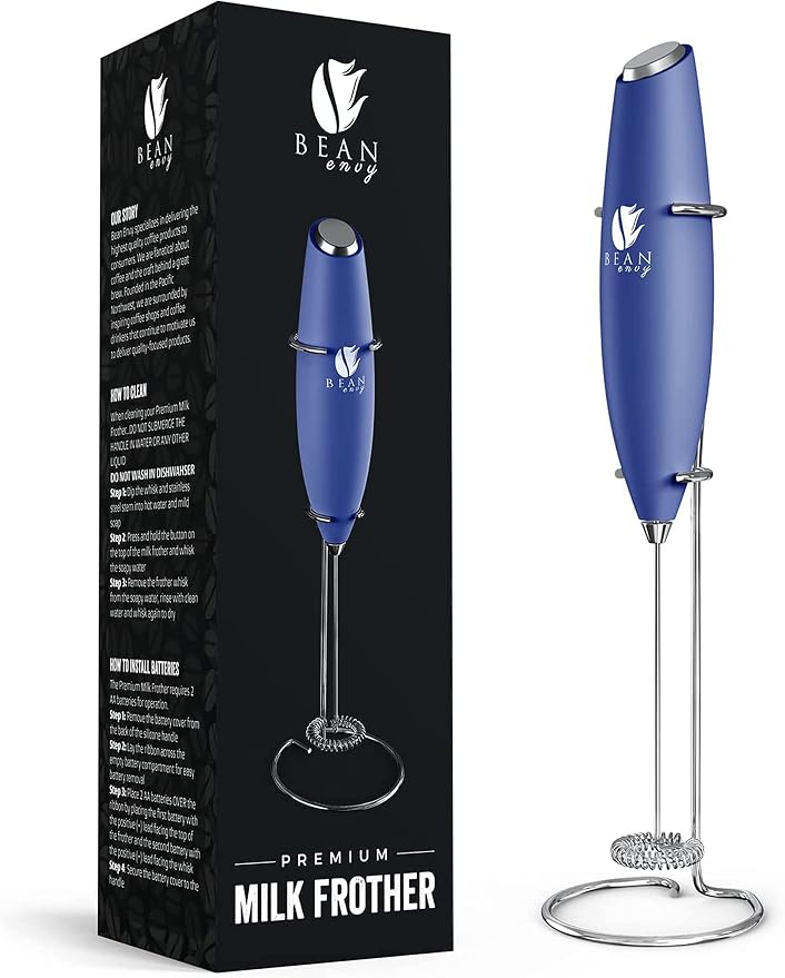 Bean Envy Milk Frother, Coffee Stirrers, Frother Wand, Milk Frother Handheld, Frother with stand, Hand Blender for Coffee, Lattes, Cappuccino, Matcha and Hot Chocolate – Kitchen Gifts - Blue