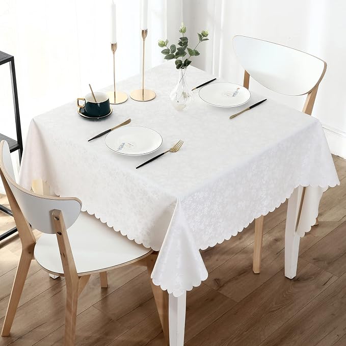 Smiry Square Waterproof Heavy Duty Vinyl Tablecloths, 70 x 70 Inch | Wipeable Washable Floral Embossed Table Cover for Kitchen and Dining Room, Indoor & Outdoor Use, White