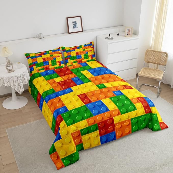 Feelyou Games Comforter Set Queen Building Blocks Bedding Set for Kids Boys Girls Colorful Geometric Toy Brick Comforter Gaming Nursery Quilt Duvet Set with 2 Pillowcase Boys