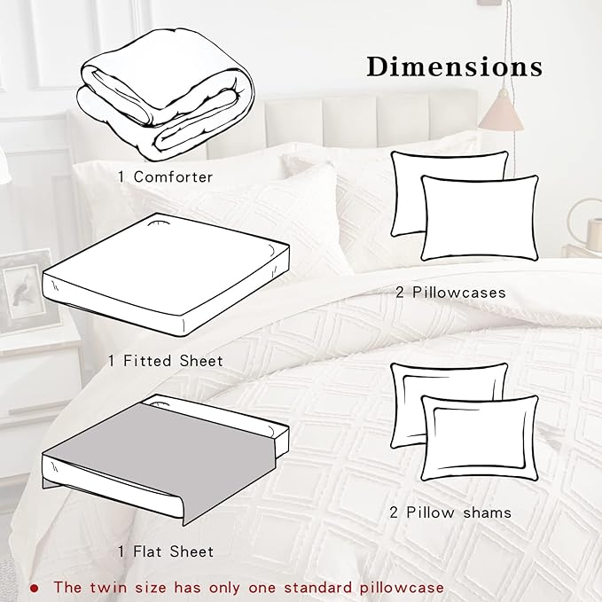 7 Pieces Tufted Bed in a Bag Queen Comforter Set with Sheets Beige, Soft and Embroidery Shabby Chic Boho Bohemian, Luxury Solid Color with Diamond Pattern, Jacquard Tufts Bedding Set for All Season