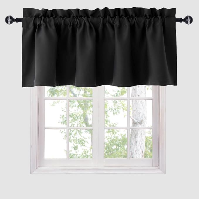 Hiasan Black Valance Curtains Blackout Rod Pocket Window Curtain Valances for Kitchen, 42 x 18 Inches Length, 1 Panel
