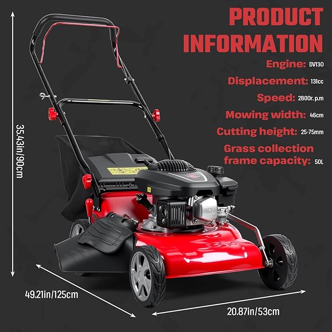 Lawn Mower Gas, Self Propelled 18-Inch 131cc Lawn Mowers & Tractors, 3-in-1 Gas-Powered Lawnmower with 50L Bag, Mulching and Side Discharge, Adjustable Cutting Height, Easy Start for Yards