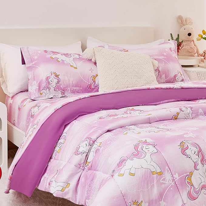 Unicorn Kids Comforter Set for Girls Twin, Cute Reversible Quilted Lavender Printed Bedding Set with Pillow Sham, Lightweight Soft Breathable Machine Washable Bed Set 2 Piece