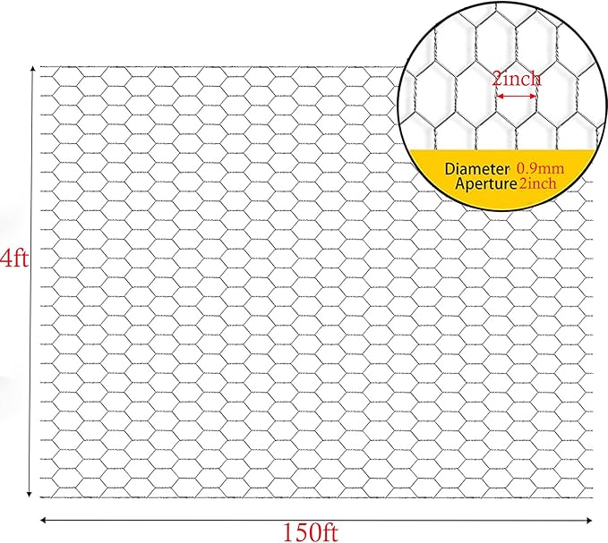 Galvanized Poultry Wire Netting 2" Hexagonal Mesh Wire Fence Suit for Family Craft Projects Chicken Netting Garden Fencing Backyard Fencing (4ft x 150ft)