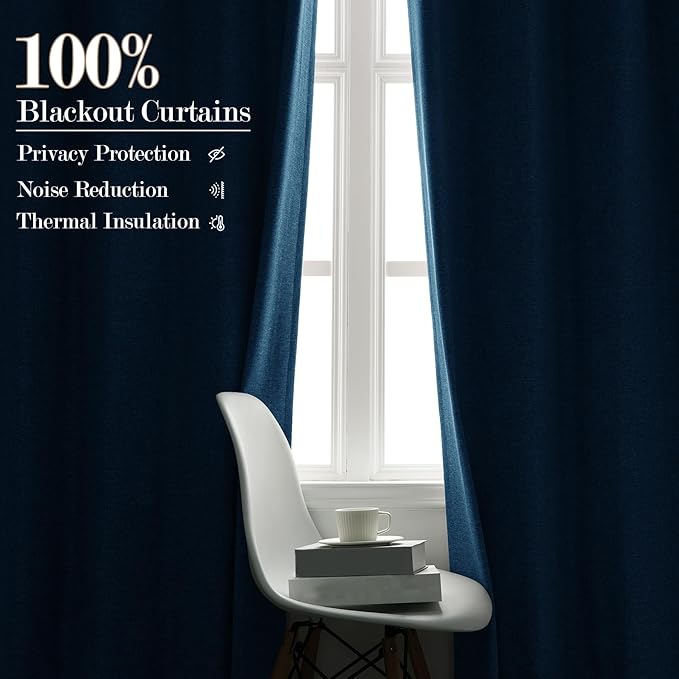 Blue Pinch Pleat 100% Blackout Drapes Linen Blend, Room Divider, Room Darkening, Energy Saving, Furniture Protecting, Light Blocking Extra Wide Privacy Curtains, 240Wx84L, 1 PC