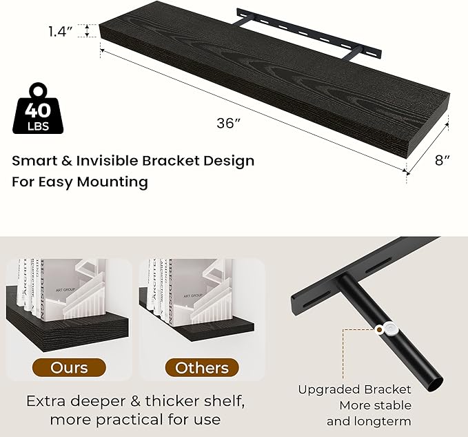 36 inch Floating Shelves Wall Shelves for Office with Invisible Brackets, 8 inch Deep Shelves for Bathroom, Living Room, Kitchen, Office, 36x7.9 inch deep Set of 2, Black