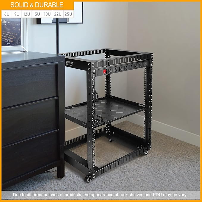 RIVECO 15U 19 Inch Open Frame Server Rack with Wheels Including 1U Rack Shelf & Power Strip Universal for 19" Network Equipment Black