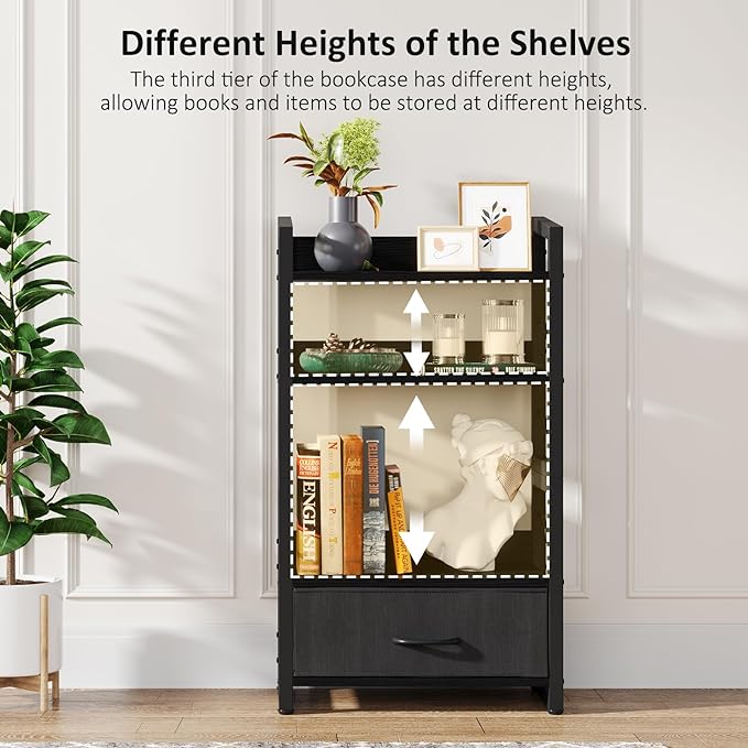 Small Bookshelf with Drawer: 4-Tier Wood Book Shelf Industrial Narrow Bookcase Storage Organizer Metal Stackable Shelves for Desktop Bedroom Living Room Home Office (Black)