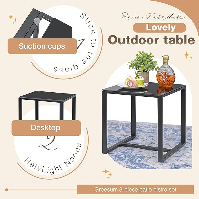 Greesum 3 Pieces Outdoor Furniture Set Patio Bistro Rocking Chairs with Glass Coffee Table for Pool Beach Backyard Balcony Porch Deck Garden, White