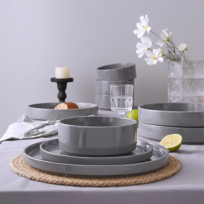 Famiware Nebula Dinnerware Set with Pasta Bowls, Service for 4 (16pcs), Fine Stoneware Plates and Bowls Sets, Microwave and Dishwasher Safe Dishes Set, Dark Gray