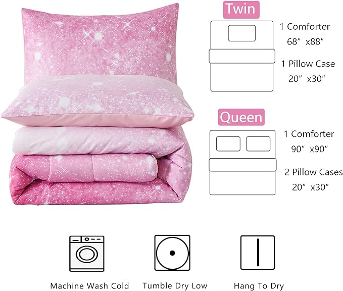 Pink Glitter Comforter Twin Size for Girls, Sparkle Galaxy Twinkle Starlight Comforter for Kids Teen,2 Piece Pink Ombre Pastel Bedding Set with 1 Pillow Case(Pink)