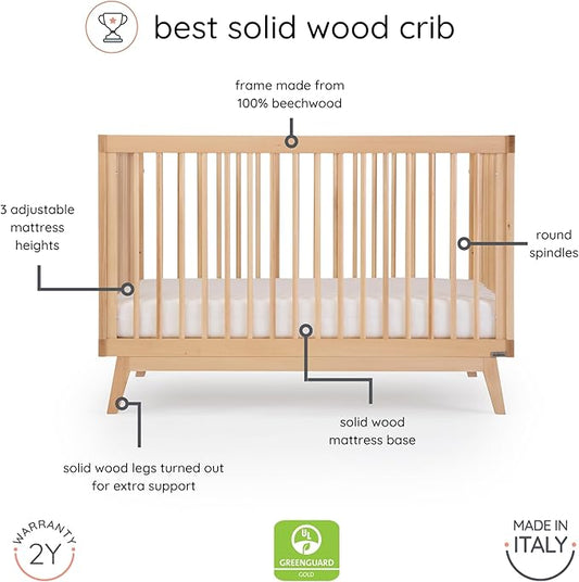 dadada Baby Soho 3-in-1 Convertible Crib to Toddler Bed – Wooden Crib Made in Italy, GREENGUARD Gold Certified Small Baby Crib – Baby-Safe Finish, Modern Design (Natural)