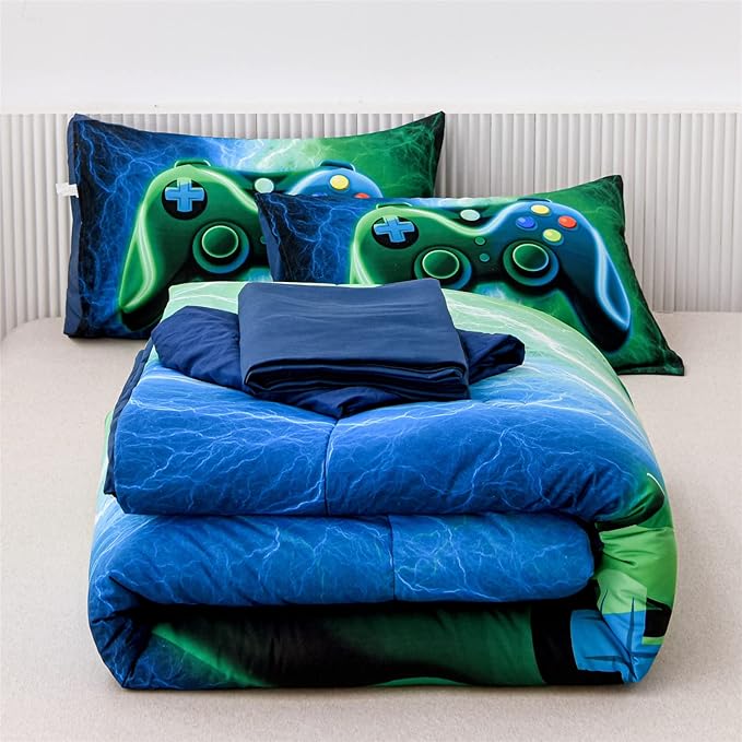 Meeting Story Gamer Gaming Bedding Sets Red Blue Lightnings Gamepad Comforter Set for Boys Games Console Action Buttons Novelty Colorful Modern Room Decor Home Quilt Set (Blue-Green, Twin 5Pcs)