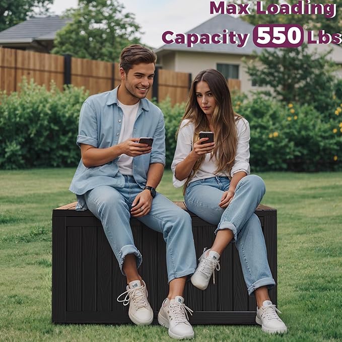 ROJIK Outdoor Storage Housing Deck Box - Waterproof Patio Furniture, Garden Tools, Cushions, Pool Accessories Storage Bench with Lockable Lid and Side Handles (Black 80 Gal)