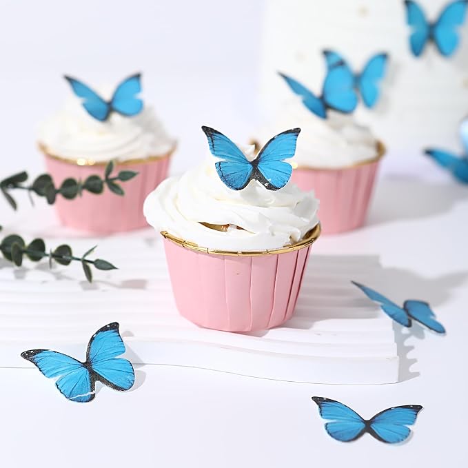 48PCS Blue Edible Butterfly Cake Toppers Butterflies for Cake Decorations | Colorful Small Pastel Cupcake Toppers Decorations for Birthday Party Wedding Cake Decorations