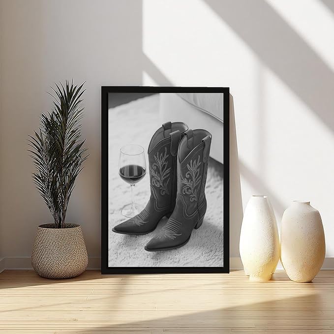Cowboy Boots And Red Wine, Western Aesthetic, Black And White, Modern Fashion Poster Canvas Poster Wall Art Decor Print Picture Paintings for Living Room Bedroom Decoration Black Frame 12x18in(30x45cm