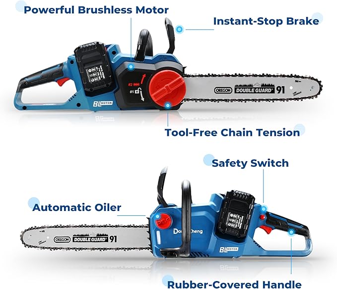 Dong Cheng Brushless Cordless Chainsaw 16 Inch, 40V Battery Chainsaw with Tool-Free Chain Tensioning, Instant-Stop Chain Brake, Includes 2 × 4.0Ah Batteries & Charger, Ideal for Tree & Wood Cutting
