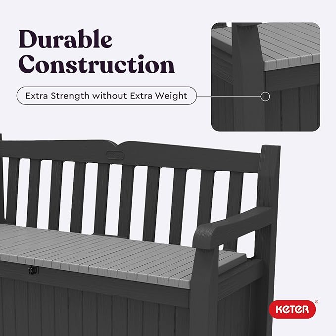 Keter Solana 70 Gallon Storage Bench Deck Box for Patio Storage, Front Porch Decor and Outdoor Seating – Perfect to Store Garden Tools and Pool Floats, Graphite
