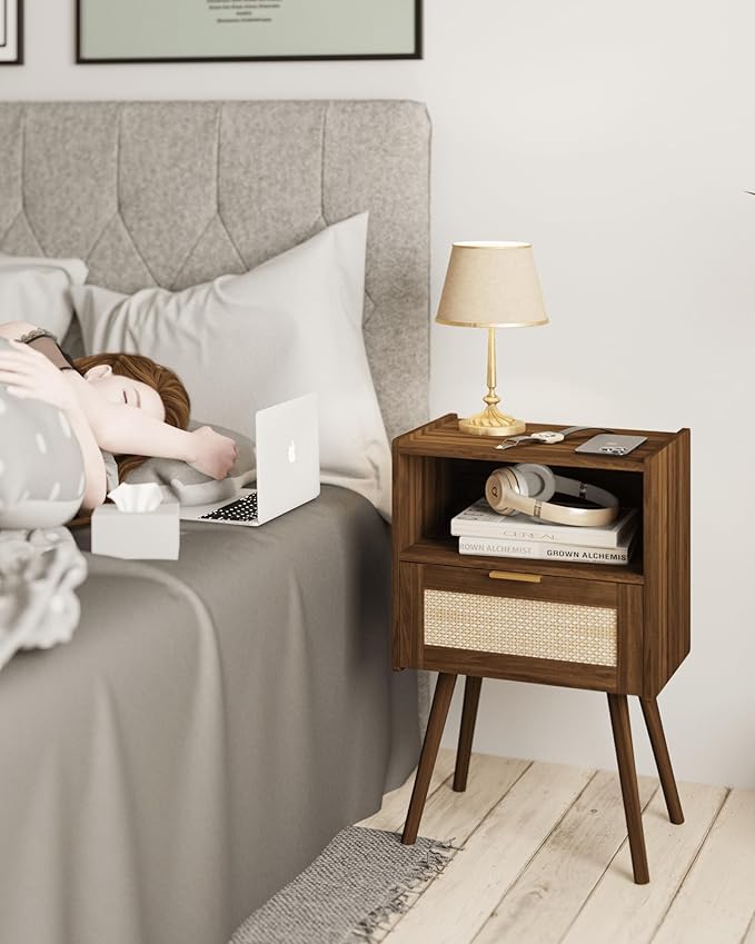 Rattan Nightstand,Modern Bedside Table with Storage Drawer and Open Wood Shelf, for Living Room, Bedroom and Small Spaces, Accent Night Stand with Solid Wood Legs, Easy Assembly,Walnut Brown