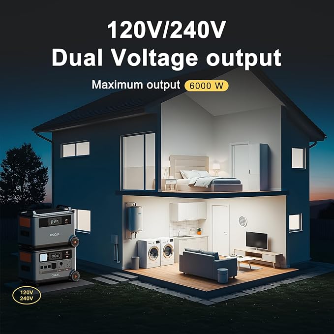 OSCAL 6000W Solar Generator with 200W Solar Panel, 120/240V Split Phase Voltage Portable Power Station PowerMax 6000,6000W AC Outlets (9000W Peak), 3600Wh LFP Battery, Expandable to 57.6kWh