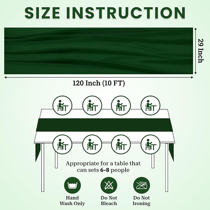 MDS Pack of 10 | Hunter Green | 10ft Chiffon Table Runner 29x120 Inches Long Romantic Rustic Sheer Gauze Runner for Wedding Bridal Shower Birthday Banquets Engagement Spring Easter Boho Decorations