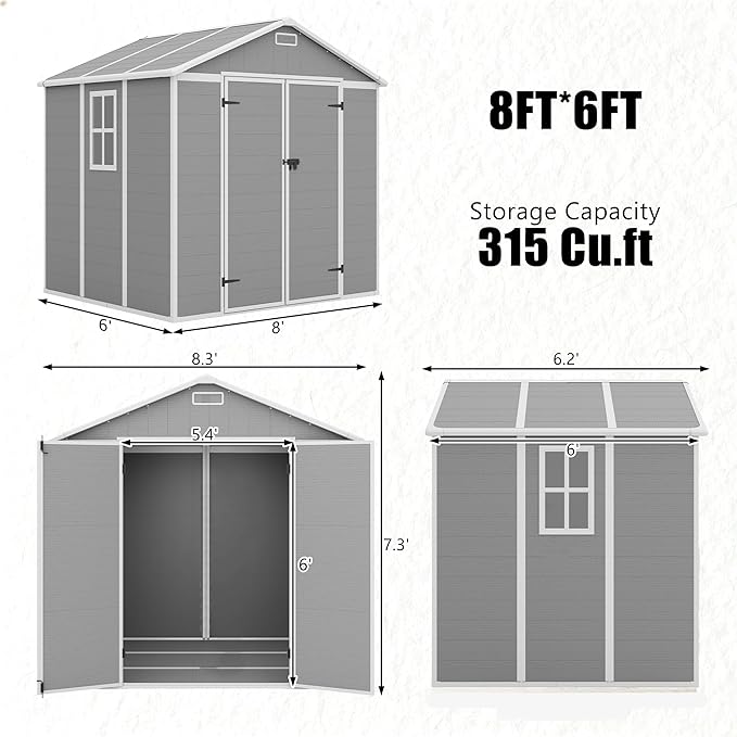 Outdoor Shed 5x3/6x4/7x7/8x6/8x10/8x12 FT, 15MM Thick PP Resin Plastic Shed with Lockable Door & Floor - Waterproof Plastic Tool Shed for Bike, Garbage Can, Backyard, Patio (Grey, 8x6FT)