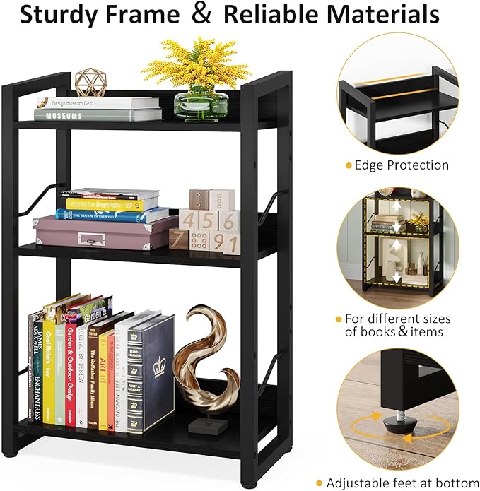 Book Shelf Small Bookshelf - 3-Tier Wood Bookcase Industrial Bookshelf Metal Narrow Bookshelves Storage Organizer Display Rack for Bedroom Living Room Home Office (Black)