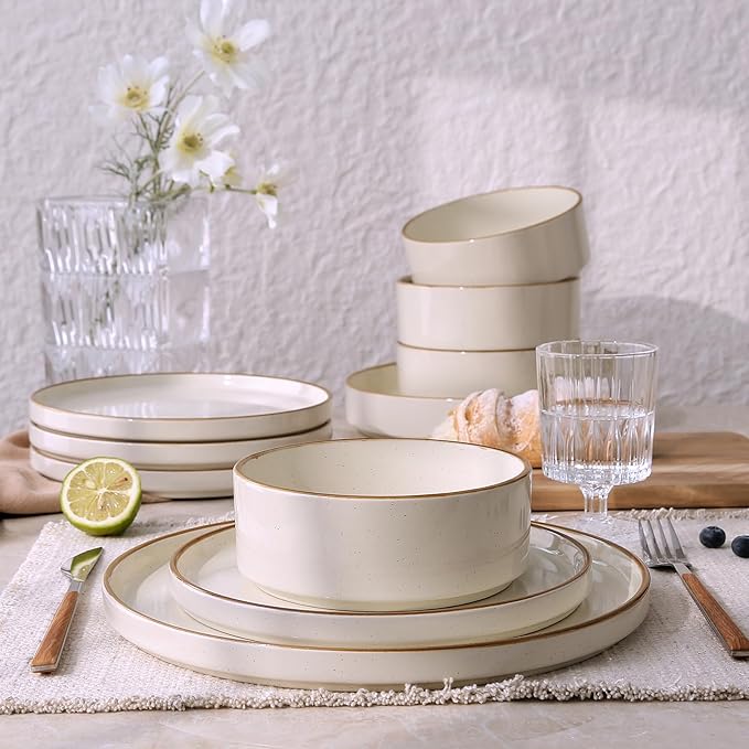 Famiware Nebula Plates and Bowls Sets for 4, 12 Pieces Stoneware Dinnerware Set, Microwave and Dishwasher Safe Dishes Set, Vanilla White with Brown Rim