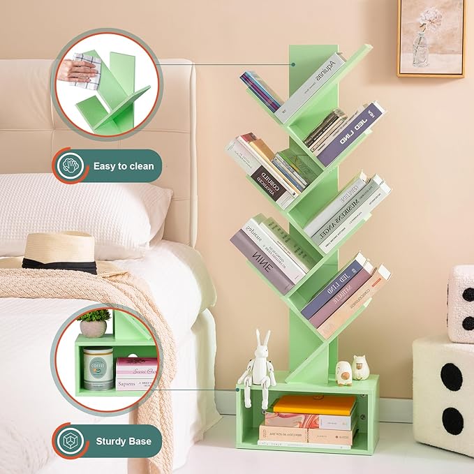 Yoobure Tree Bookshelf - 6 Shelf Retro Floor Standing Bookcase, Tall Wood Book Storage Rack for CDs/Movies/Books, Utility Book Organizer Shelves for Bedroom, Living Room, Home Office Green