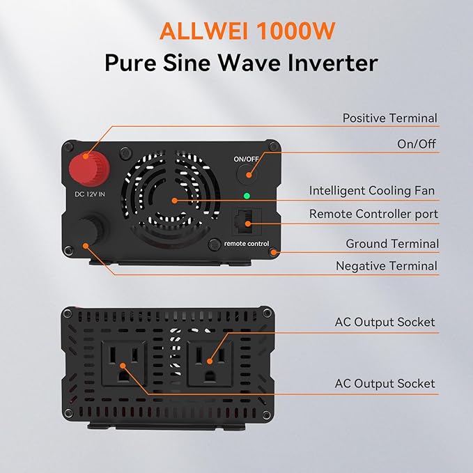 ALLWEI Pure Sine Wave Inverter - 1000 Watt Inverters 12V DC to 110V/120V AC Converter for Home, RV, Truck, Off-Grid Solar, Car Power Inverter with 2 Sockets, Power Inverters for Vehicles, 2000W Peak