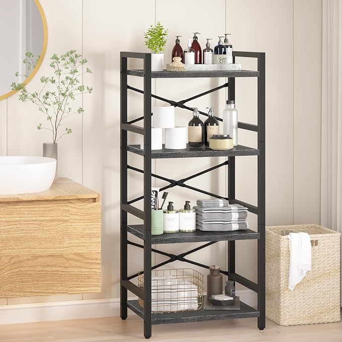 Yoobure 4 Tier Bookshelf - Small Book Shelf Industrial Bookcase, Narrow Book Case Book Storage Organizer for CD/Movie/Book, Bookshelves for Bedroom Office Living Room Charcoal Gray