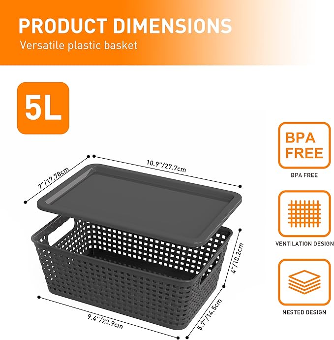 Plastic Storage Baskets With Lid, Storage Bins for Organizing, Stackable Decorative Containers for Shelves Drawers Desktop Closet Playroom Classroom Office, 6 Pack-Grey
