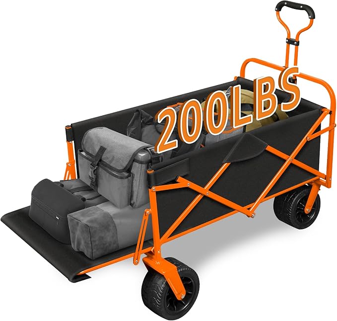 TAIFA Foldable Collapsible Wagons Cart with Extra Long Tailgate, Portable Beach Utility Wagon with Big Wheels and Brakes for Sand Shopping Camping Sports Outdoor, Black and Orange