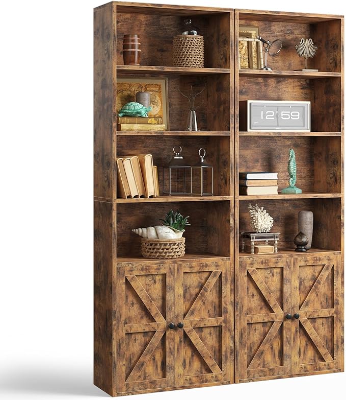 oneinmil 6 Tier Bookshelf and Bookcase Set of 2,Wooden Bookshelves with Cabinet Doors, Floor Bookshelves and Office Storage Cabinets for Home Office, Living Room,Brown