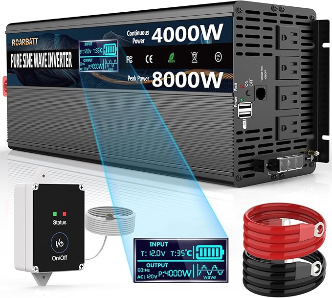 Pure Sine Wave Power Inverters 4000W 12V DC to AC 110V 120V Peak 8000W with Remote Control 4 Outlets,Dual USB Port,LED Display Terminal Blocks for Inverter Truck RV Car Solar System