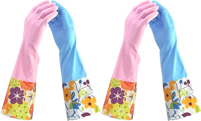 Household Gloves Latex-Free, 15" Long Cuff, Soft Lining, Adjustable Strap, Multi-Layer Protection, Flexible, Comfortable, Chemical-Resistant, Reusable for Cleaning, Dishwashing, 4 Pair Large