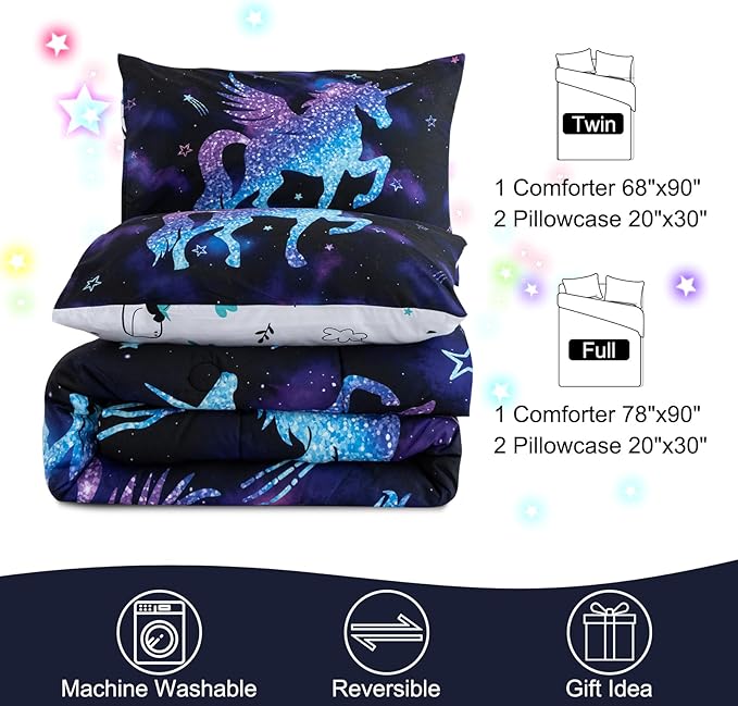 Meeting Story Dinosaur Comforter Set, Fluorescence Gradation Unicorn Twin Comforter Set, 3 PCS 1 Comforter and 2 Pillowcases in One Bag, All Season Bedspread for Kids Teens Adults(Twin)