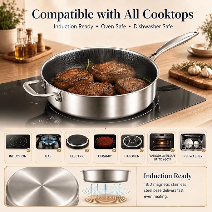 DELARLO Tri-Ply Hybrid Stainless Steel 10 Inch Saute Pan,3QT Chef Cooking Pan,Anti-Scratch,Compatible with All Cooktops,Oven Up to 660℉,Chicken Fryer,Dishwasher-Friendly(Detachable handle)