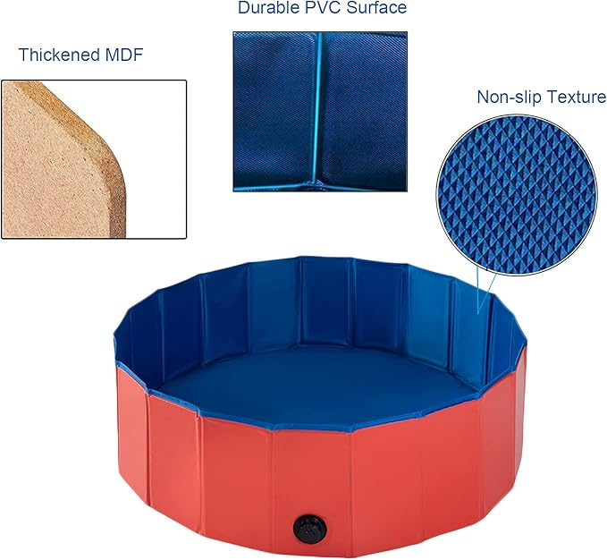 Foldable Pet Dog Kids Swimming Pool(40'' x 12''),Plastic Anti-Slip PVC Bathing Tub Swimming Pool Durable Fiberboard Kiddie Pool Red