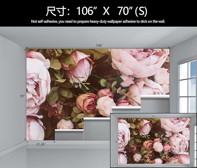 Large Peony Floral Wallpaper Girls Bedroom Pink Rose Flower Wall Mural (Not Peel and Stick)