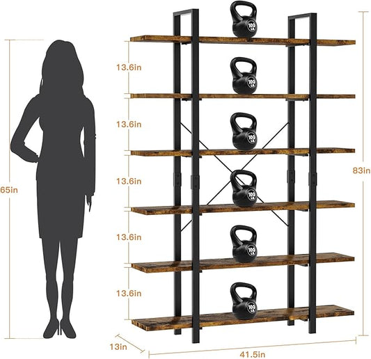 6 Tier Bookshelf, 83 inch Tall Bookcase Industrial Wooden Bookshelves Large Wall Etagere Rustic Vintage Book Shelf with Metal Frame Open Storage Rack for Living Room Home Office