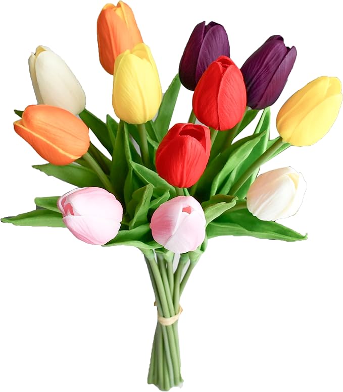 Mandy's Artificial Tulips 12 Stems Multicolor PU Faux Flowers for Wedding Home Decor 13.5 Inch