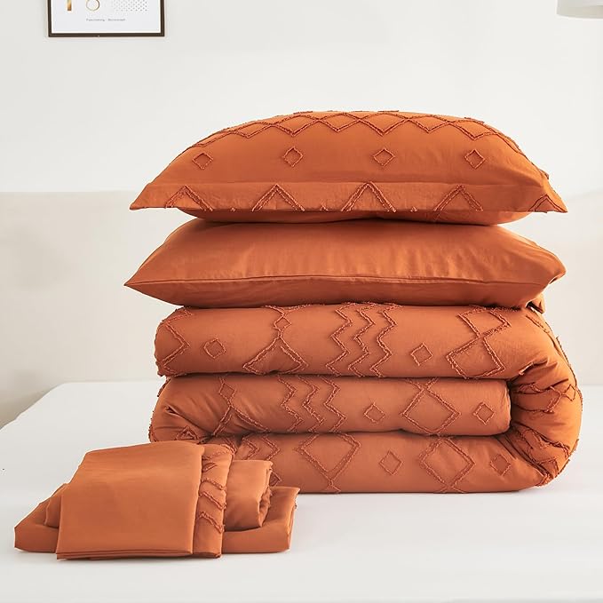 EMME Queen Comforter Set - 7 Pcs Pumpkin Boho Bedding Sets, Full Size Tufted Comforter with Sheets, Shabby Chic Embroidery Queen Bed Set Fluffy Bed Bag for All Season(90"X90")