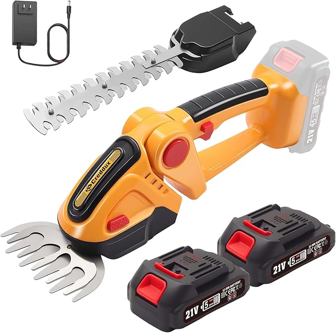 Cordless Hedge Trimmer, 2-in-1 Handheld Electric Hedge Trimmer/Grass Shears for Garden,Yard and Lawns, Shrub Trimmer with 2 PCS Rechargeable Battery&Charger (Yellow)