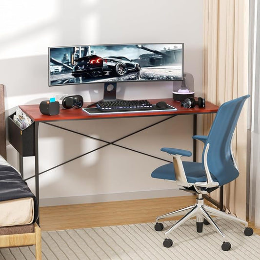 MoNiBloom Home Office Computer Desk with Storage Bag, 55" Writing Study Modern Simple Style Laptop Table, Teak Color