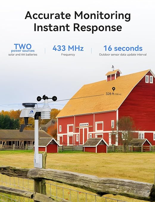 10-in-1 Wireless Weather Station with Outdoor Wireless Sensor,Radio Controlled Clock,Rain Gauge,Wind Speed/Direction,Moon Phase, Barometer,Temperature/Humidity,Weather Forecast (NO WiFi)