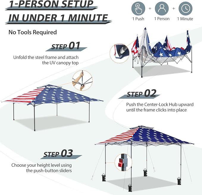 EAGLE PEAK 13x13 Straight Leg Pop Up Canopy Tent Instant Outdoor Canopy Easy Single Person Set up Folding Shelter w/Auto Extending Eaves 169 Square Feet of Shade (American Flag)